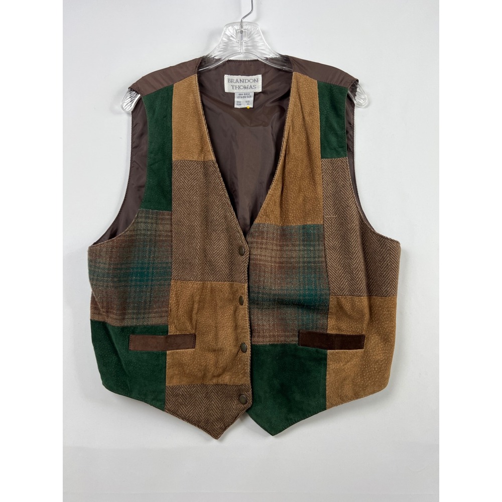 Brandon Thomas Patchwork Vest Womens XL Leather Wool Plaid Herringbone Preppy